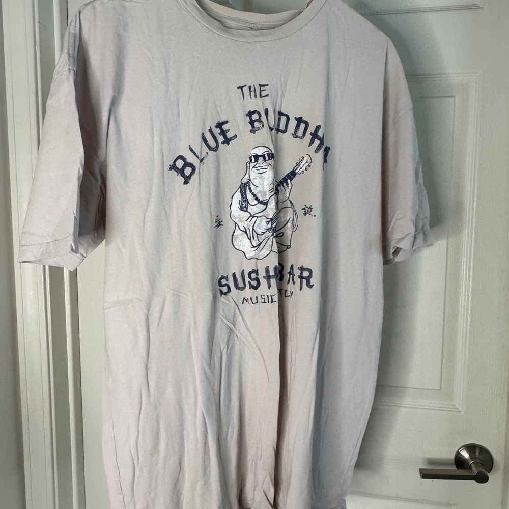 Very Light Grey T-Shirt w/ Blue Buddha Sushi Bar Graphic in Blue on Front, XXL